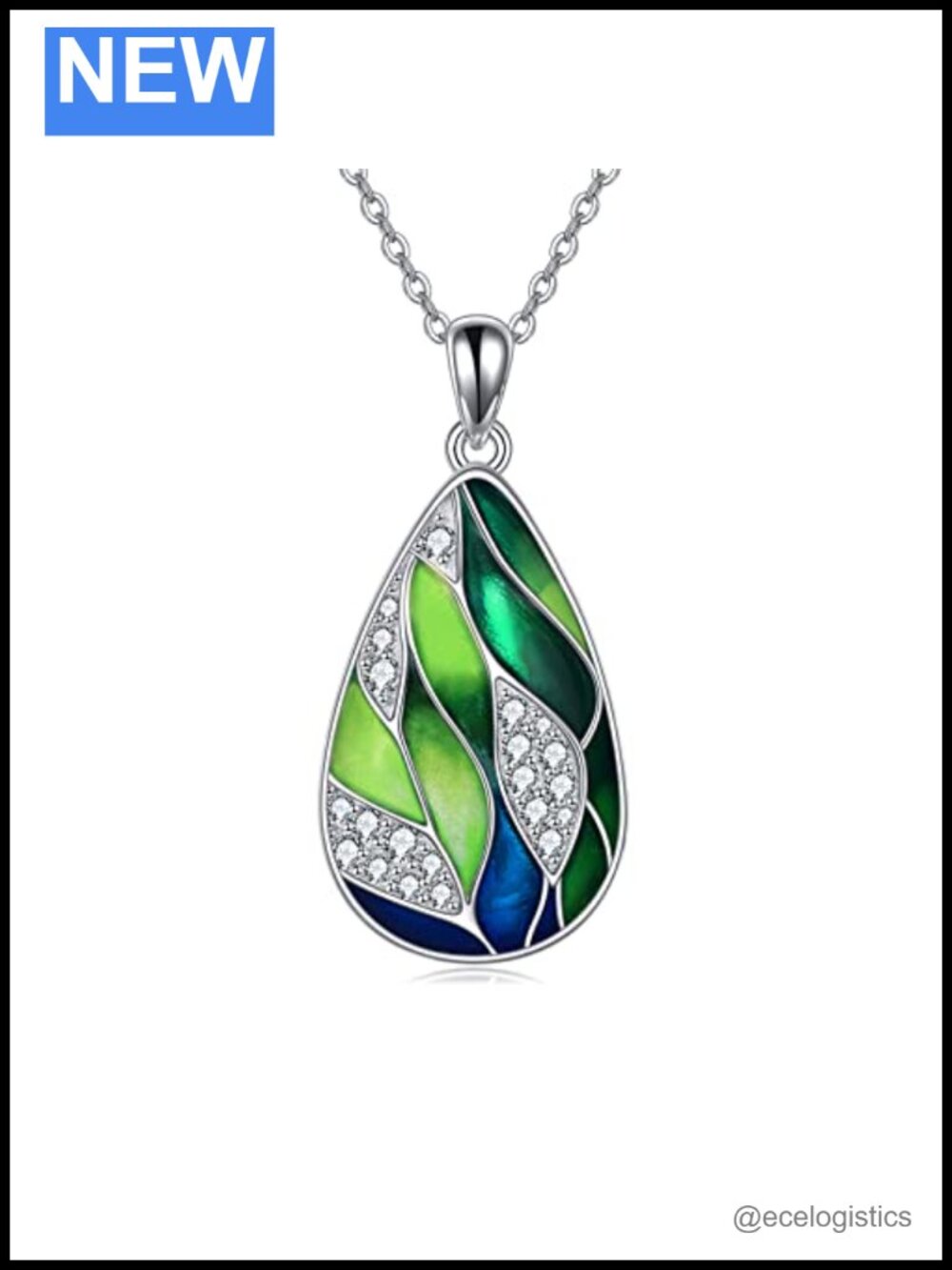 925 Sterling Silver Bamboo Leaf Pendant Necklace Enamel Teardrop 18+2 Inch